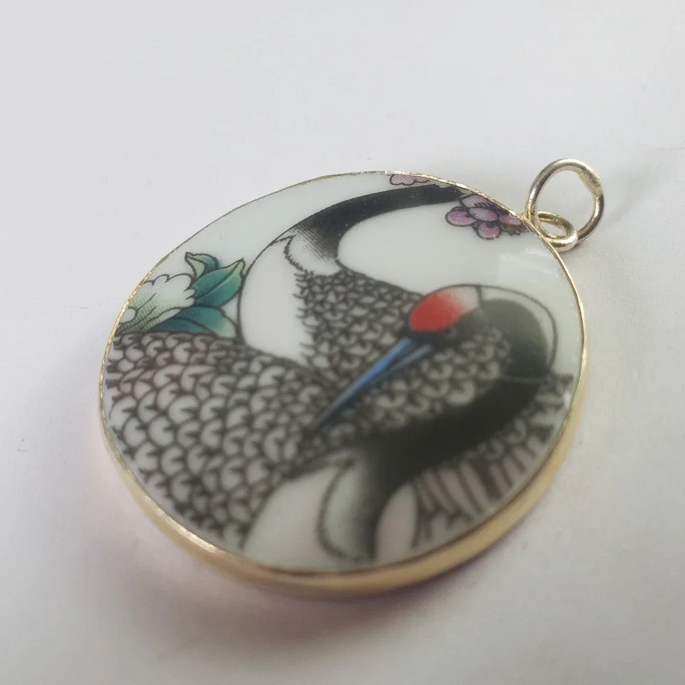 Red Crowned Japanese Crane Vintage Bird Transferware China Pottery Shard Pendant